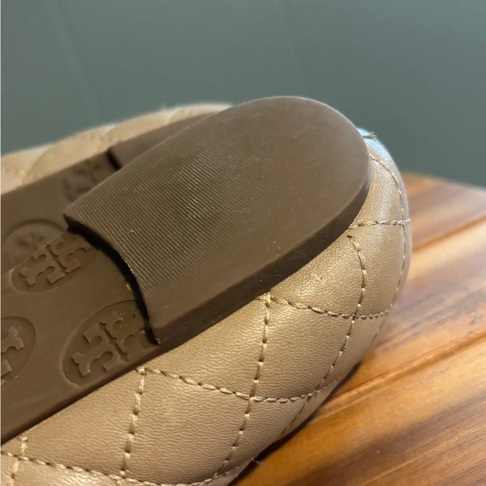 Tory Burch Quilted Taupe Leather Flats with Gold Logo Medallions